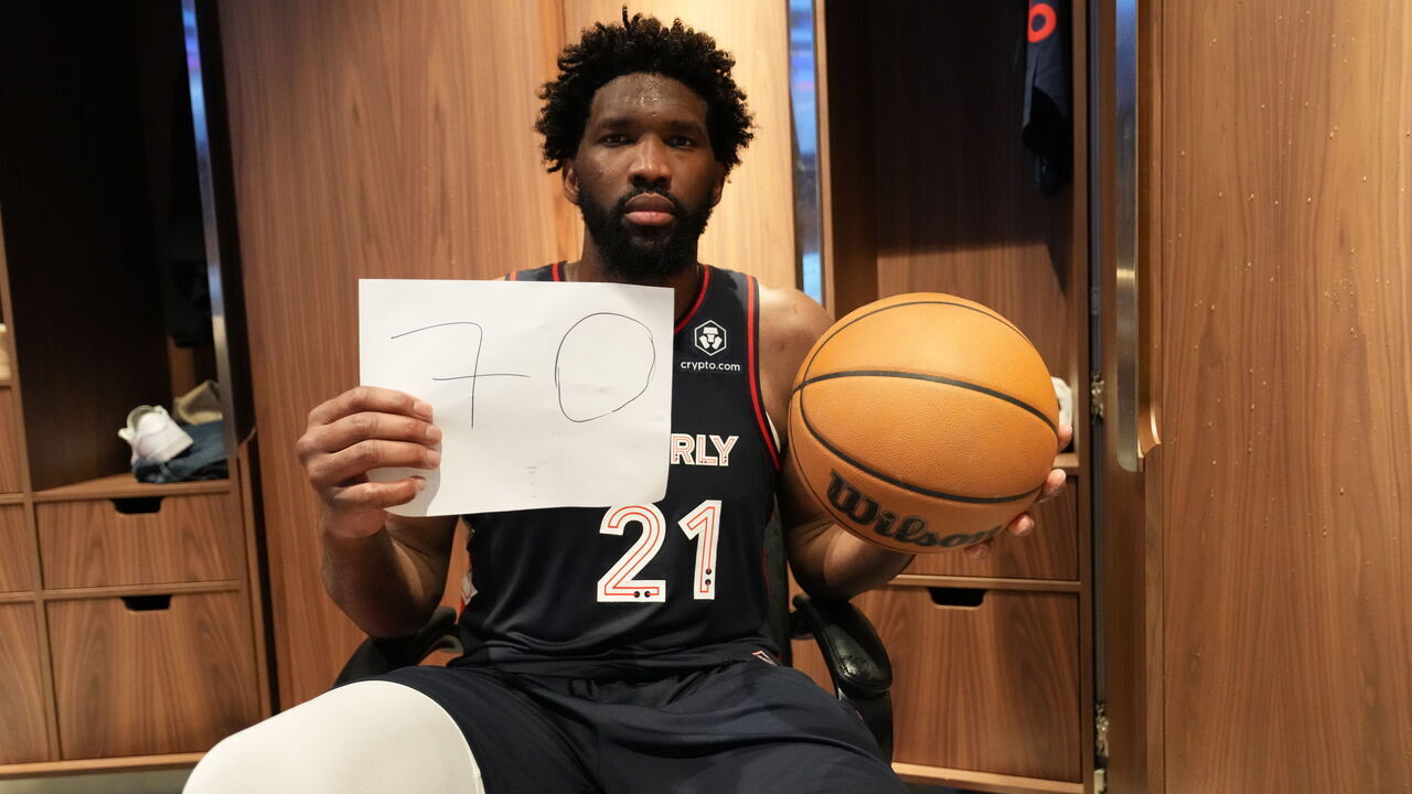 PHILADELPHIA, PA - JANUARY 22: Joel Embiid #21 of the Philadelphia 76ers poses for a photo after setting a new franchise record of 70 points after the game against the San Antonio Spurs on January 22, 2024 at the Wells Fargo Center in Philadelphia, Pennsylvania NOTE TO USER: User expressly acknowledges and agrees that, by downloading and/or using this Photograph, user is consenting to the terms and conditions of the Getty Images License Agreement. Mandatory Copyright Notice: Copyright 2024 NBAE