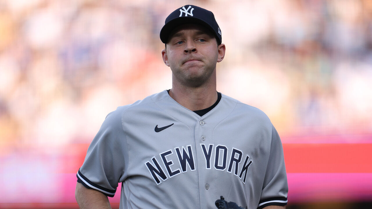 LOS ANGELES, CALIFORNIA - JUNE 03: Michael King #34 of the New York Yankees reacts to a Los Angeles Dodgers out during the eighth inning at Dodger Stadium on June 03, 2023 in Los Angeles, California.