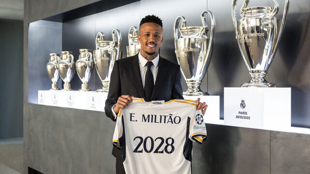 MADRID, SPAIN - JANUARY 23: Eder Militao player of Real Madrid poses with a shirt with 2028 on it as he signs a contract extension at Valdebebas training ground on January 23, 2024 in Madrid, Spain.