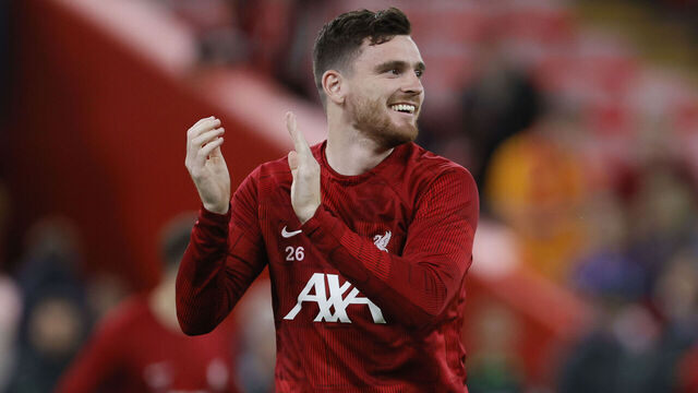 LIVERPOOL, ENGLAND - OCTOBER 5: Andrew Robertson of Liverpool applauds the fans before the UEFA Europa League match between Liverpool FC and R. Union Saint-Gilloise at Anfield on October 5, 2023 in Liverpool, England.