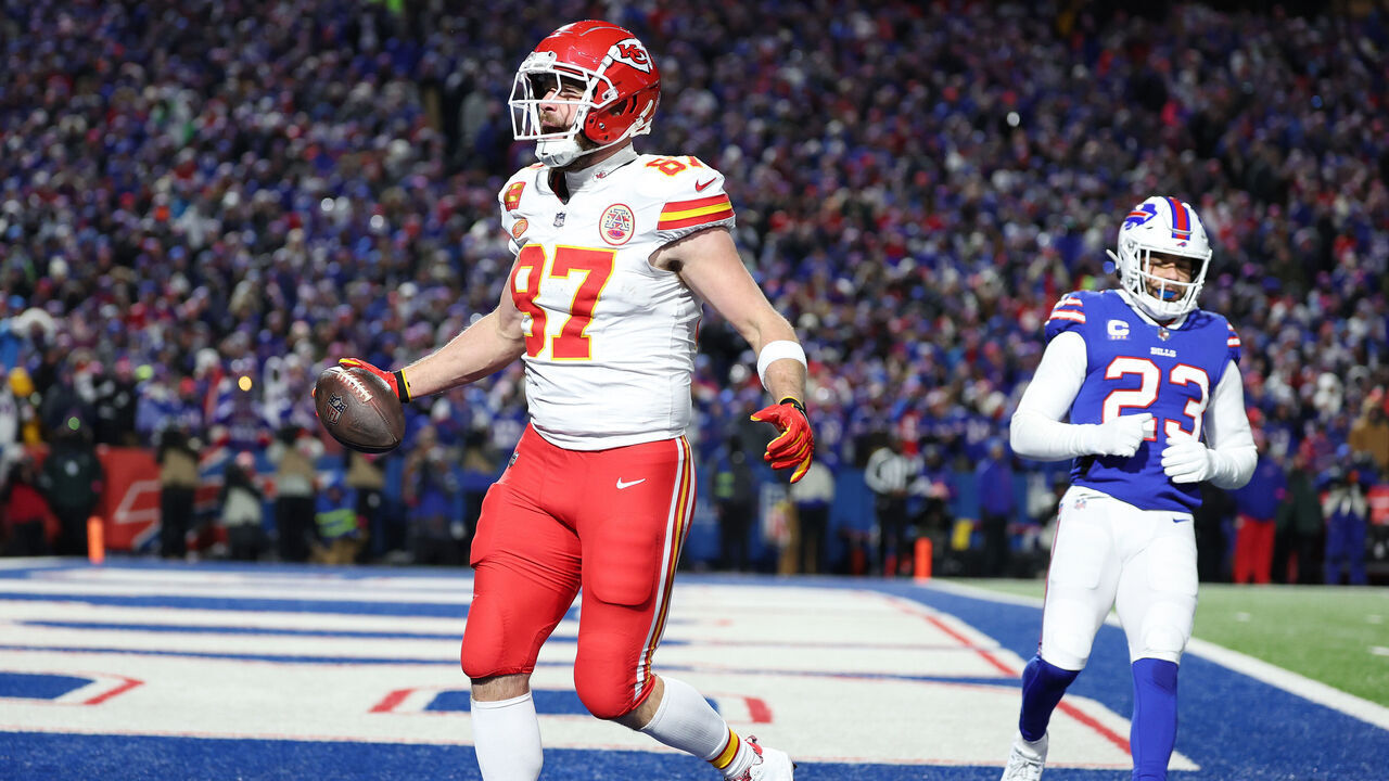 ORCHARD PARK, NEW YORK - JANUARY 21: 1 #87 of the Kansas City Chiefs celebrates after scoring a 22 yard touchdown against the Buffalo Bills during the second quarter in the AFC Divisional Playoff game at Highmark Stadium on January 21, 2024 in Orchard Park, New York.