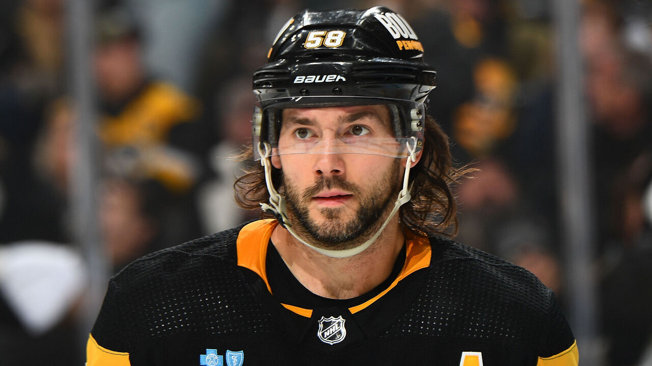 PITTSBURGH, PENNSYLVANIA - JANUARY 06: Kris Letang #58 of the Pittsburgh Penguins skates against the Buffalo Sabres at PPG PAINTS Arena on January 6, 2024 in Pittsburgh, Pennsylvania.