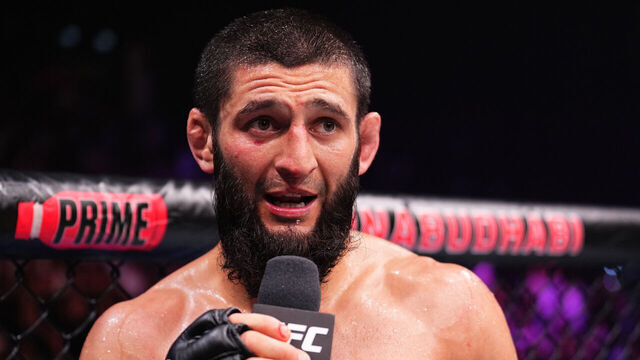 ABU DHABI, UNITED ARAB EMIRATES - OCTOBER 21: Khamzat Chimaev of the United Arab Emirates reacts after a unanimous-decision victory against Kamaru Usman of Nigeria in a middleweight fight during the UFC 294 event at Etihad Arena on October 21, 2023 in Abu Dhabi, United Arab Emirates.