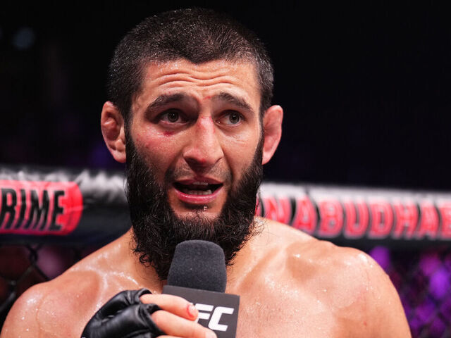 ABU DHABI, UNITED ARAB EMIRATES - OCTOBER 21: Khamzat Chimaev of the United Arab Emirates reacts after a unanimous-decision victory against Kamaru Usman of Nigeria in a middleweight fight during the UFC 294 event at Etihad Arena on October 21, 2023 in Abu Dhabi, United Arab Emirates.