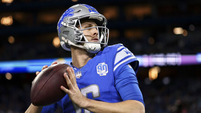 DETROIT, MI - JANUARY 14: Jared Goff #16 of the Detroit Lions warms up prior to an NFL wild-card playoff football game against the Los Angeles Rams at Ford Field on January 14, 2024 in Detroit, Michigan.