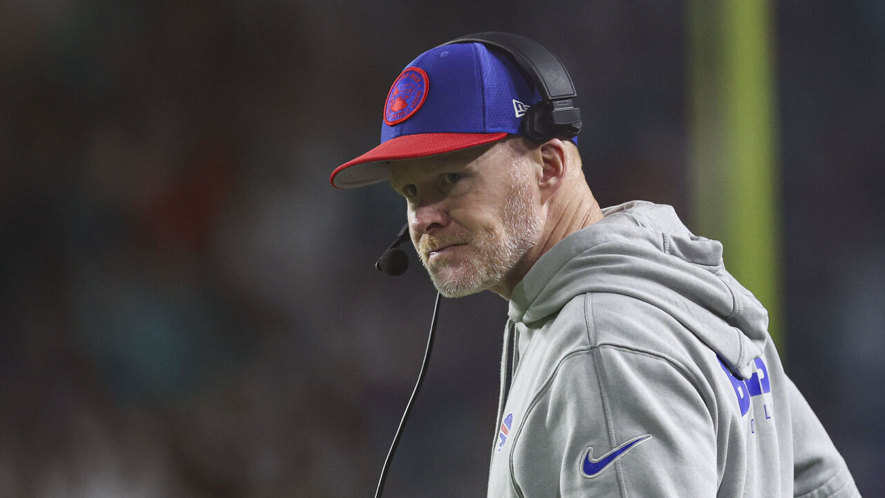 MIAMI GARDENS, FL - JANUARY 07: Sean McDermott of the Buffalo Bills looks on from the sideline during an NFL football game against the Miami Dolphins at Hard Rock Stadium on January 7, 2024 in Miami Gardens, Florida.