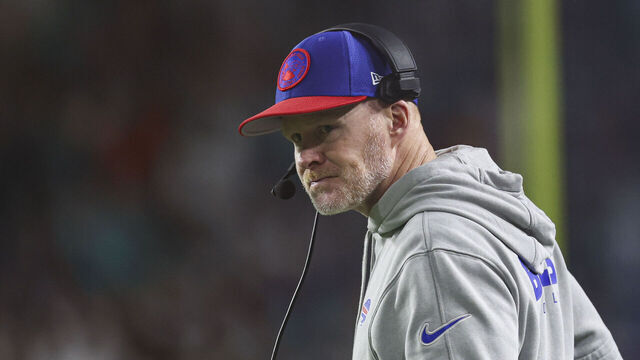 MIAMI GARDENS, FL - JANUARY 07: Sean McDermott of the Buffalo Bills looks on from the sideline during an NFL football game against the Miami Dolphins at Hard Rock Stadium on January 7, 2024 in Miami Gardens, Florida.