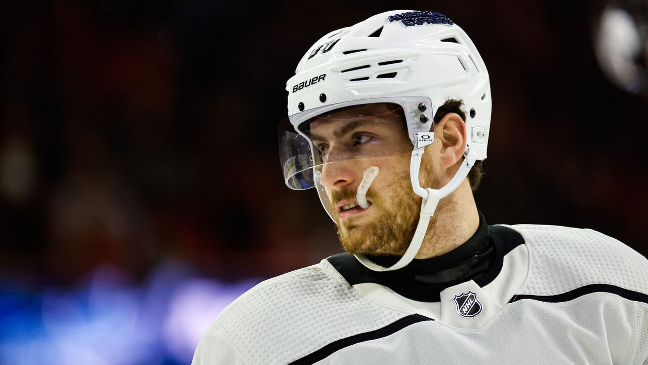 RALEIGH, NC - JANUARY 15: Pierre-Luc Dubois #80 of the Los Angeles Kings looks on during the second period of the game against the Carolina Hurricanes sat PNC Arena on January 15, 2024 in Raleigh, North Carolina.