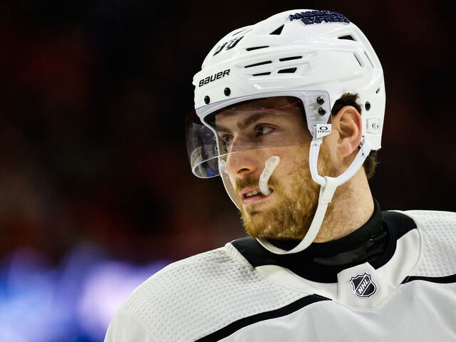 RALEIGH, NC - JANUARY 15: Pierre-Luc Dubois #80 of the Los Angeles Kings looks on during the second period of the game against the Carolina Hurricanes sat PNC Arena on January 15, 2024 in Raleigh, North Carolina.