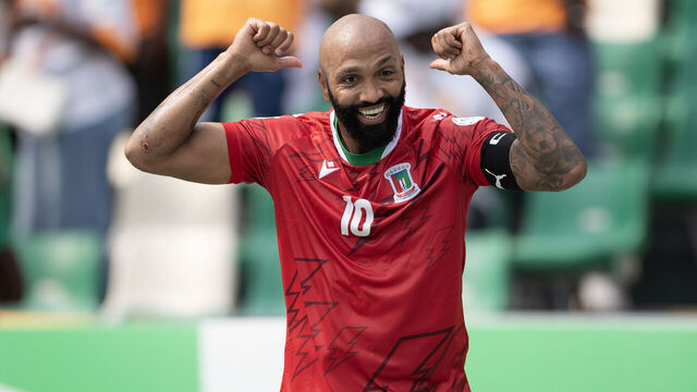 ABIDJAN, IVORY COAST - JANUARY 18: EMILIO NSUE LOPEZ of Equatorial Guinea celebrates scoring during the TotalEnergies CAF Africa Cup of Nations group stage match between Equatorial Guinea and Guinea-Bissau at on January 18, 2024 in Abidjan, Ivory Coast.