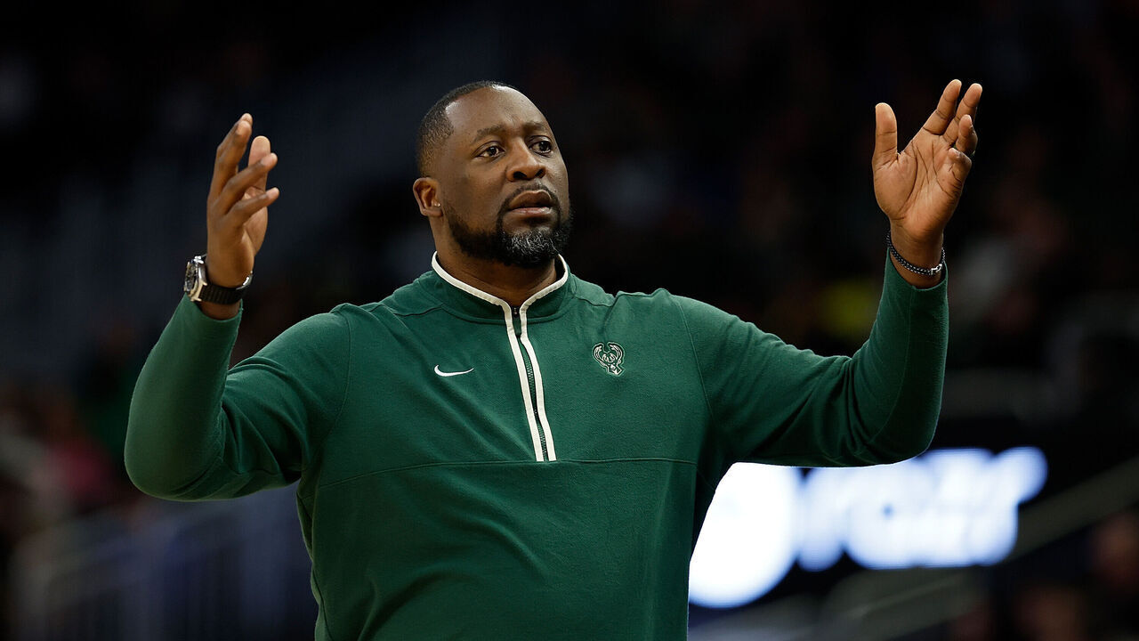 MILWAUKEE, WISCONSIN - JANUARY 14: Adrian Griffin head coach of the Milwaukee Bucks reacts to a call during the first half of the game against the Sacramento Kings at Fiserv Forum on January 14, 2024 in Milwaukee, Wisconsin.