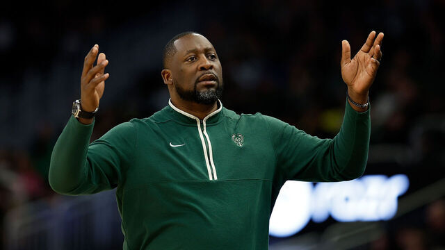 MILWAUKEE, WISCONSIN - JANUARY 14: Adrian Griffin head coach of the Milwaukee Bucks reacts to a call during the first half of the game against the Sacramento Kings at Fiserv Forum on January 14, 2024 in Milwaukee, Wisconsin.