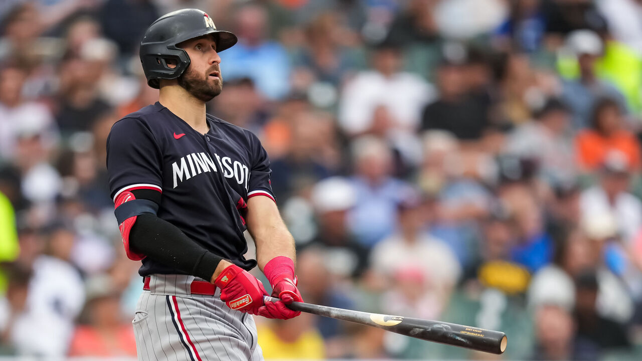 DETROIT, MI - AUGUST 09: Joey Gallo #13 of the Minnesota Twins bats and hits a home run against the Detroit Tigers on August 9, 2023 at Comerica Park in Detroit, Michigan.