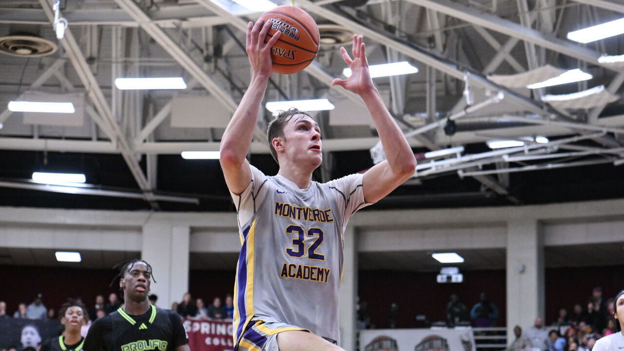 SPRINGFIELD, MA - JANUARY 14: Cooper Flagg of Montverde Academy (32) shoots the ball during the first half of the Spalding Hoophall Classic high school basketball game between Montverde Academy and Prolific Prep on January 14, 2024 at Blake Arena in Springfield, MA