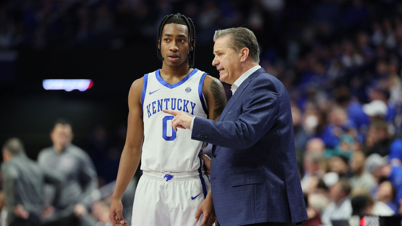 LEXINGTON, KENTUCKY - JANUARY 17: John Calipari the head coach of the Kentucky Wildcats gives instructions to Rob Dillingham #0 in the second half against the Mississippi State Bulldogs at Rupp Arena on January 17, 2024 in Lexington, Kentucky.