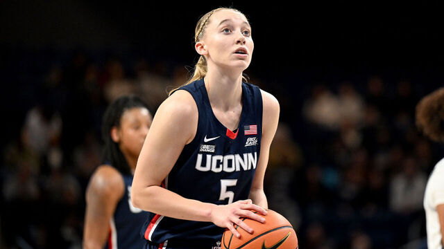 WASHINGTON, DC - JANUARY 07: Paige Bueckers #5 of the UConn Huskies shoots a free throw against the Georgetown Hoyas at Entertainment & Sports Arena on January 07, 2024 in Washington, DC.