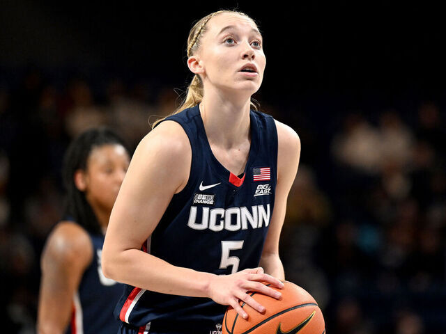 WASHINGTON, DC - JANUARY 07: Paige Bueckers #5 of the UConn Huskies shoots a free throw against the Georgetown Hoyas at Entertainment & Sports Arena on January 07, 2024 in Washington, DC.