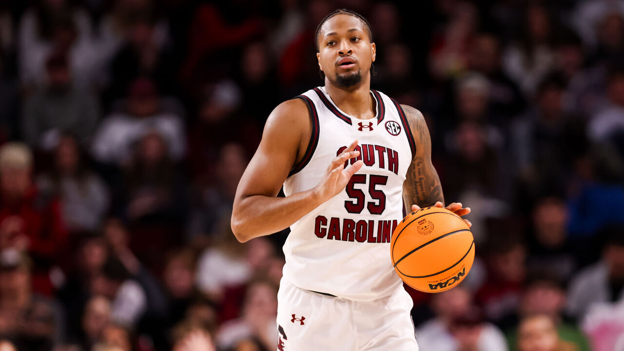 COLUMBIA, SC - NOVEMBER 28: Ta'Lon Cooper #55 of the South Carolina Gamecocks brings the ball down the court during a basketball game against the Notre Dame Fighting Irish at Colonial Life Arena in Columbia, South Carolina on Nov 28, 2023.