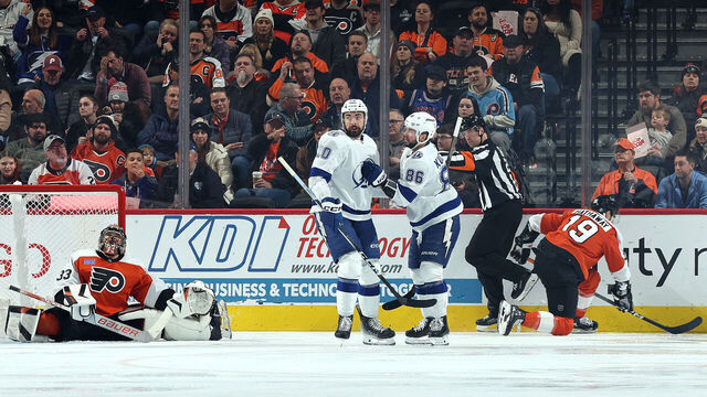PHILADELPHIA, PENNSYLVANIA - JANUARY 23: Nicholas Paul #20 and Nikita Kucherov #86 of the Tampa Bay Lightning react following a goal by Kucherov during the second period against the Philadelphia Flyers at the Wells Fargo Center on January 23, 2024 in Philadelphia, Pennsylvania.