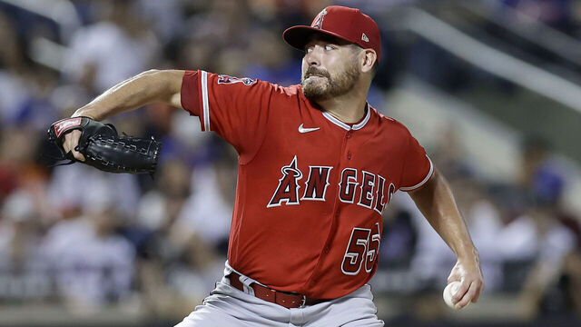NEW YORK, NEW YORK - AUGUST 25: Matt Moore #55 of the Los Angeles Angels in action against the New York Mets at Citi Field on August 25, 2023 in New York City. The Angels defeated the Mets 3-1.