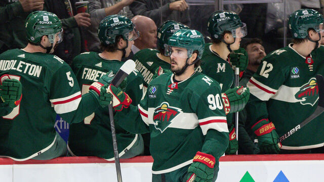 SAINT PAUL, MN - JANUARY 23: Minnesota Wild left wing Marcus Johansson (90) is congratulated after scoring a goal during the second period of an NHL game between the Washington Capitals and Minnesota Wild on January 23rd, 2024, at the Xcel Energy Center in Saint Paul, MN.