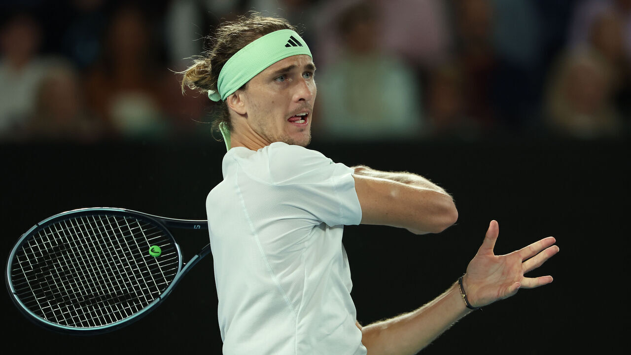 MELBOURNE, AUSTRALIA - JANUARY 24: Alexander Zverev of Germany plays a forehand during their quarterfinals singles match against Carlos Alcaraz of Spain during the 2024 Australian Open at Melbourne Park on January 24, 2024 in Melbourne, Australia.
