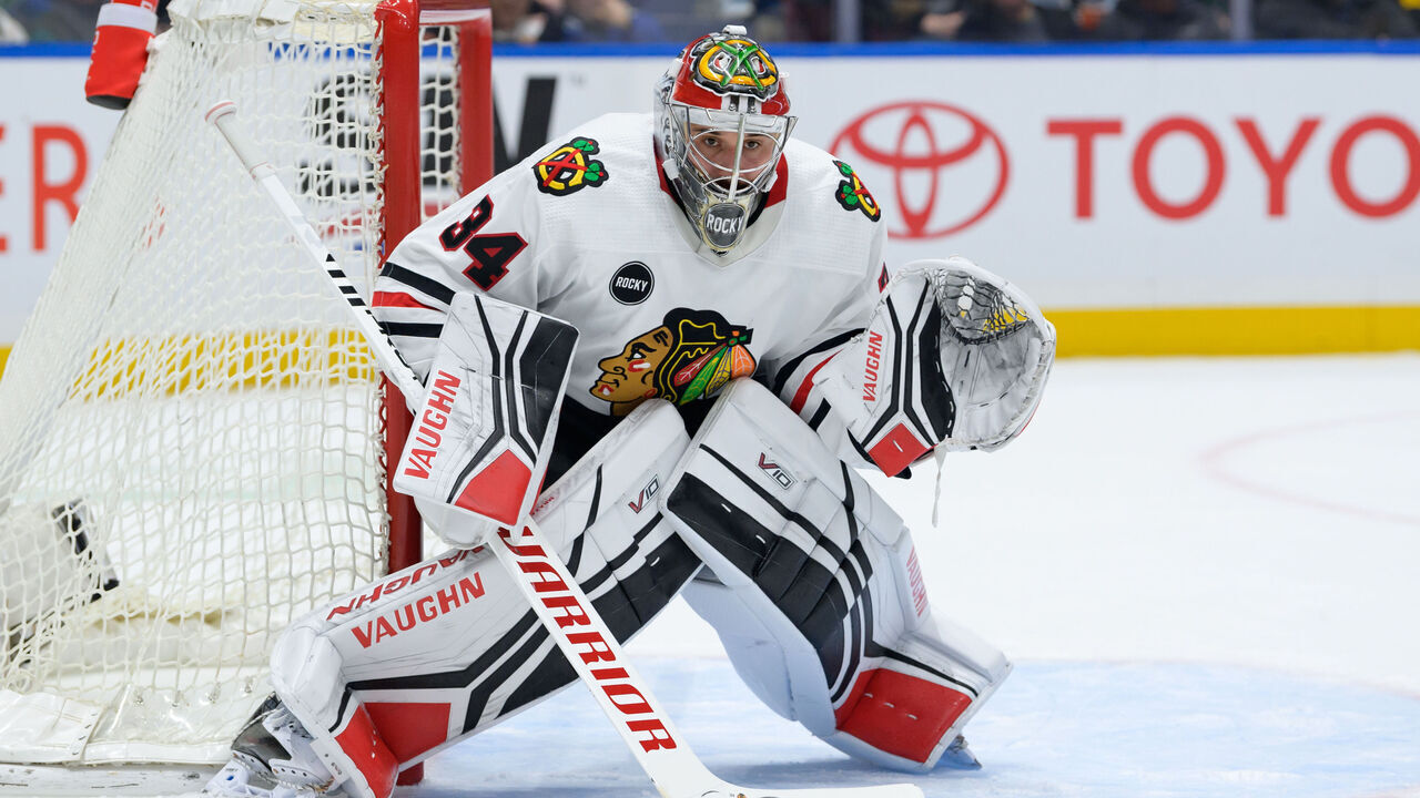 VANCOUVER, CANADA - JANUARY 22: Petr Mrazek #34 of the Chicago Blackhawks tends the net during the third period of the NHL game against the Vancouver Canucks at Rogers Arena on January 22, 2024 in Vancouver, British Columbia, Canada.