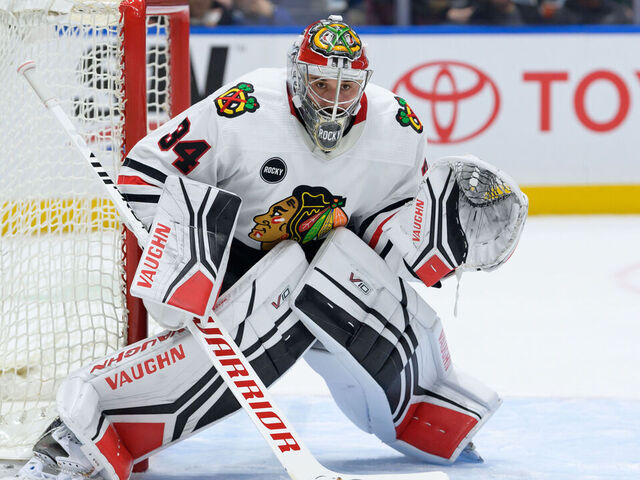 VANCOUVER, CANADA - JANUARY 22: Petr Mrazek #34 of the Chicago Blackhawks tends the net during the third period of the NHL game against the Vancouver Canucks at Rogers Arena on January 22, 2024 in Vancouver, British Columbia, Canada.