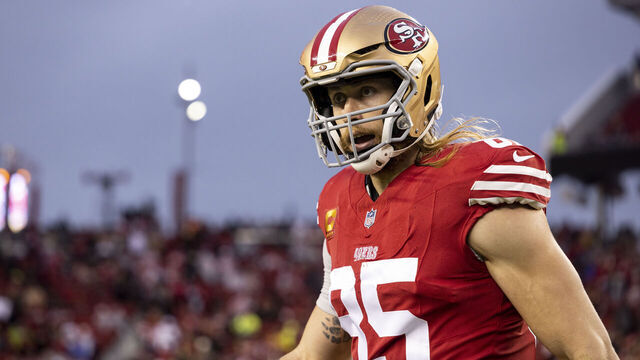 SANTA CLARA, CALIFORNIA - JANUARY 20: George Kittle #85 of the San Francisco 49ers looks on prior to an NFL divisional round playoff football game between the San Francisco 49ers and the Green Bay Packers at Levi's Stadium on January 20, 2024 in Santa Clara, California.