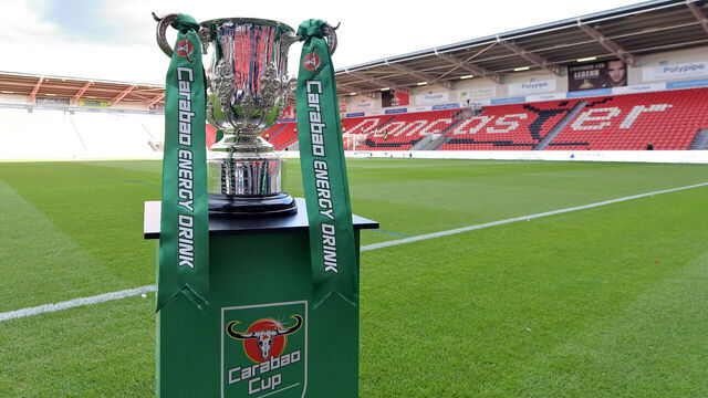 DONCASTER, ENGLAND - AUGUST 30: A general view of the trophy before the Carabao Cup Second Round match between Doncaster Rovers and Everton at Keepmoat Stadium on August 30, 2023 in Doncaster, England.