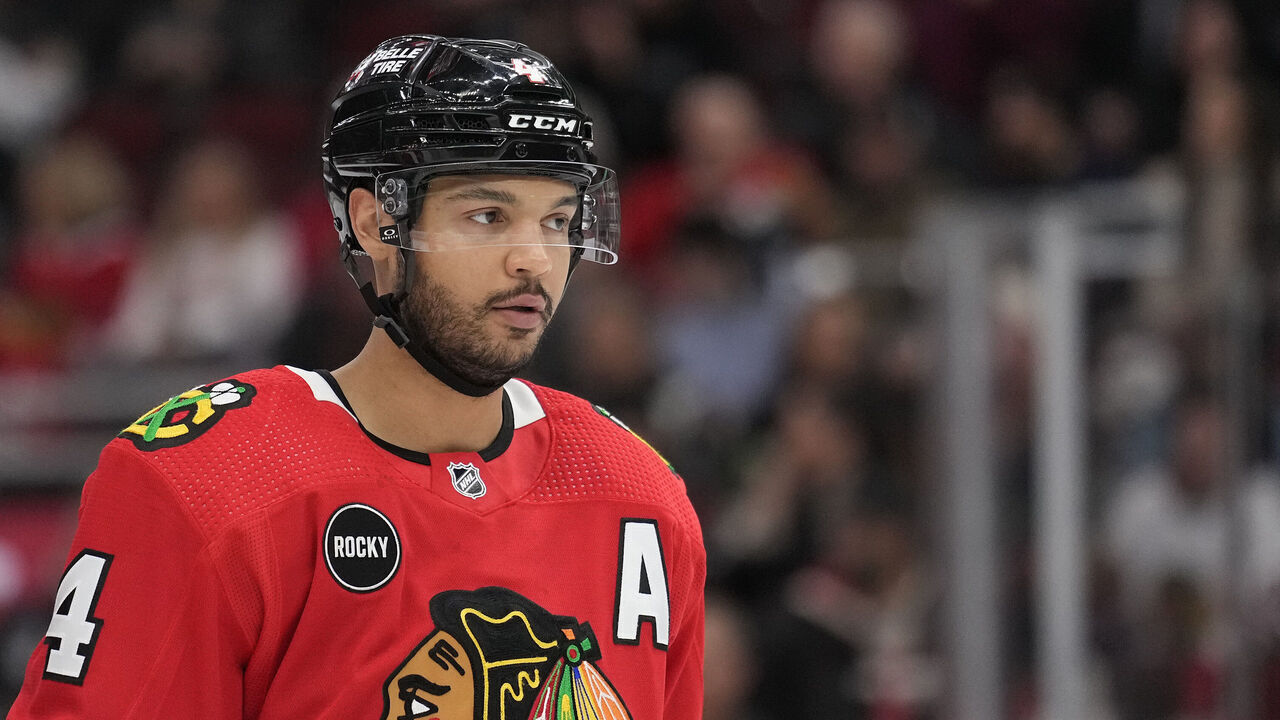 CHICAGO, ILLINOIS - JANUARY 16: Seth Jones #4 of the Chicago Blackhawks skates during the second period against the San Jose Sharks at the United Center on January 16, 2024 in Chicago, Illinois.