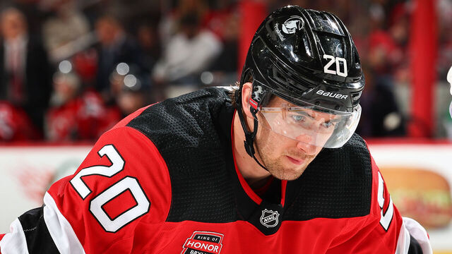 NEWARK, NJ - JANUARY 20: Michael McLeod #20 of the New Jersey Devils skates during the game against the Dallas Stars at the Prudential Center on January 20, 2024 in Newark, New Jersey.
