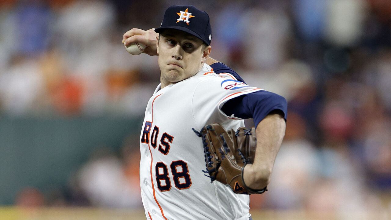 HOUSTON, TEXAS - OCTOBER 23: Phil Maton #88 of the Houston Astros throws a pitch against the Texas Rangers during the first inning in Game Seven of the American League Championship Series at Minute Maid Park on October 23, 2023 in Houston, Texas.
