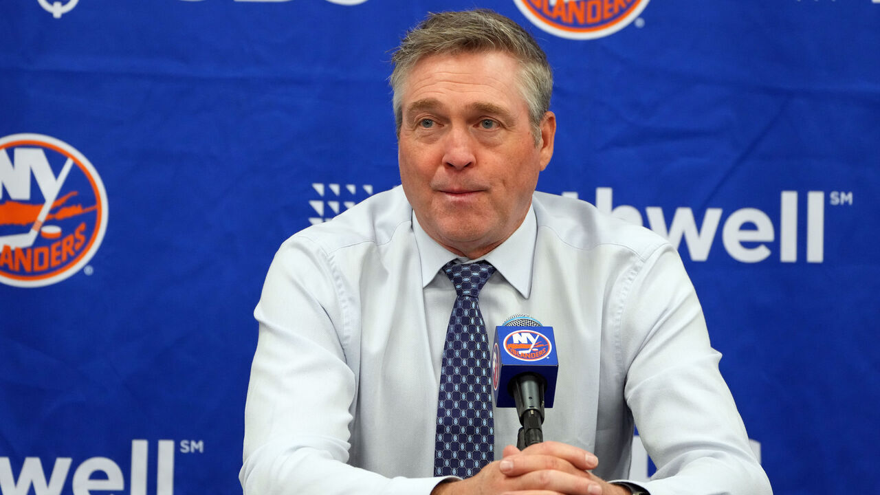 ELMONT, NEW YORK - JANUARY 21: Head coach Patrick Roy of the New York Islanders speaks to the media following the 3-2 win against the Dallas Stars at UBS Arena on January 21, 2024 in Elmont, New York.