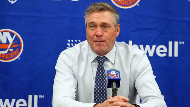 ELMONT, NEW YORK - JANUARY 21: Head coach Patrick Roy of the New York Islanders speaks to the media following the 3-2 win against the Dallas Stars at UBS Arena on January 21, 2024 in Elmont, New York.