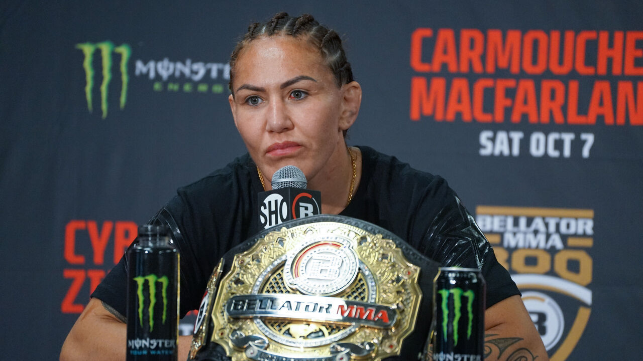 SAN DIEGO, CA - OCTOBER 7: Cris Cyborg Justino speaks with the media at the Bellator 300 post-fight press conference on October 7, 2023, at the Pechanga Arena in San Diego, CA.