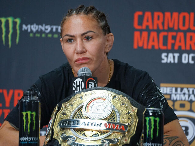 SAN DIEGO, CA - OCTOBER 7: Cris Cyborg Justino speaks with the media at the Bellator 300 post-fight press conference on October 7, 2023, at the Pechanga Arena in San Diego, CA.