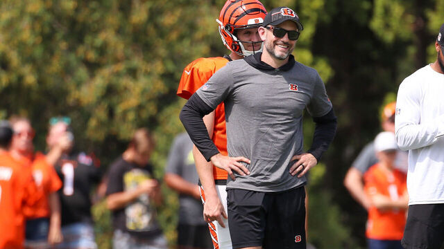 CINCINNATI, OH - AUGUST 03: Cincinnati Bengals quarterbacks coach Dan Pitcher reacts during the Cincinnati Bengals training camp on August 3, 2023 in Cincinnati OH.