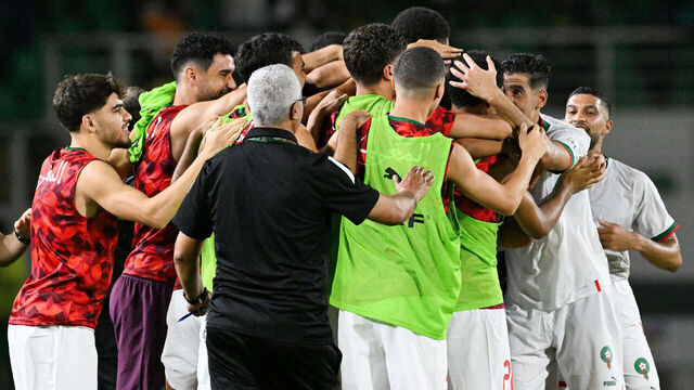 Morocco's players celebrate scoring their team's first goal during the Africa Cup of Nations (CAN) 2024 group F football match between Zambia and Morocco at the Stade Laurent Pokou in San Pedro on January 24, 2024.