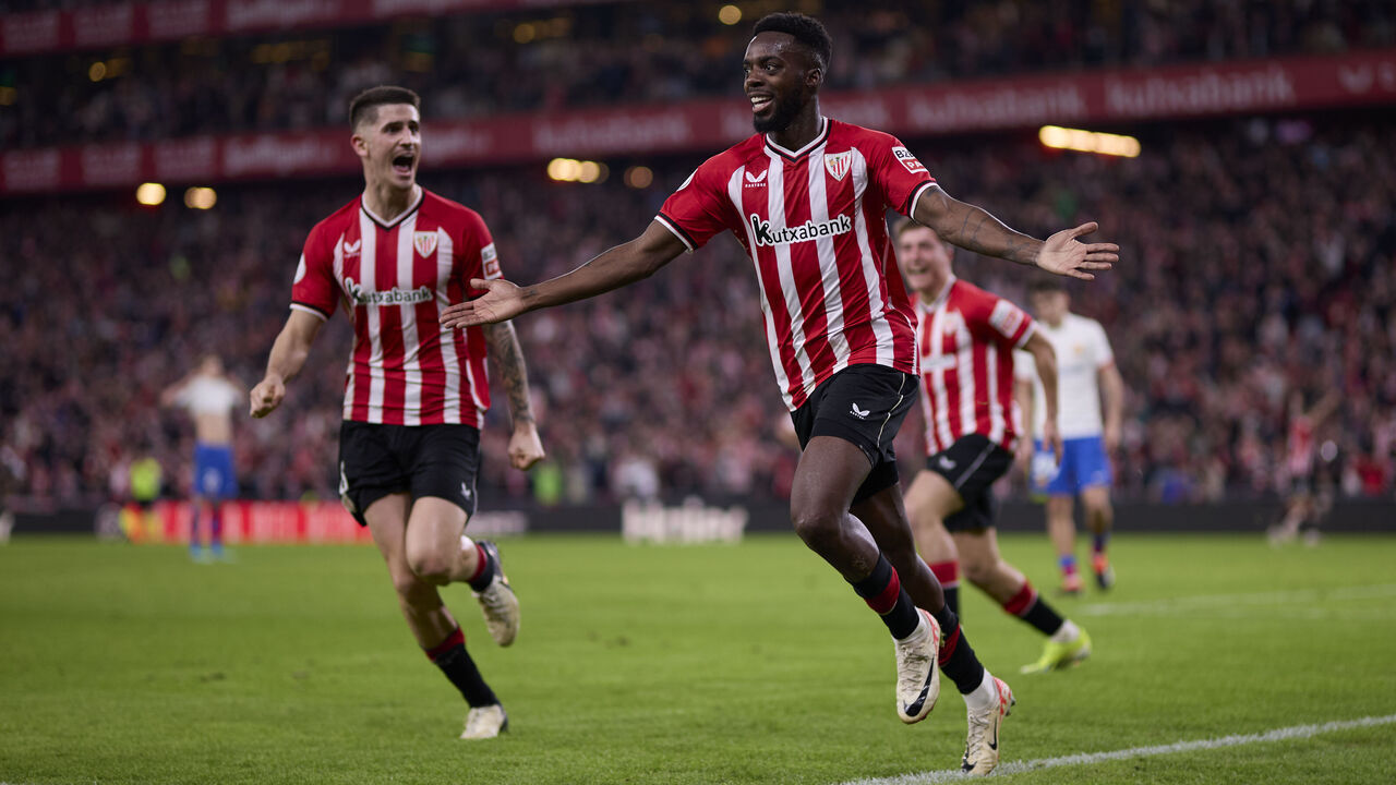 BILBAO, SPAIN - JANUARY 24: Inaki Williams of Athletic Club celebrates after scoring his team's third goal during the Copa Del Rey Quarter Final match between Athletic Club and FC Barcelona at San Mames Stadium on January 24, 2024 in Bilbao, Spain.