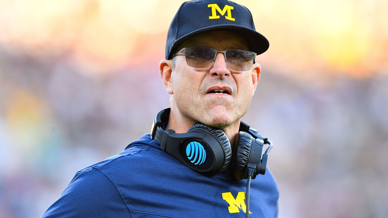 PASADENA, CA - JANUARY 01: Head Coach Jim Harbaugh of the Michigan Wolverines looks on during the Alabama Crimson Tide game versus the Michigan Wolverines CFP Semifinal at the Rose Bowl Game on January, 1, 2024, at the Rose Bowl Stadium in Pasadena, CA.