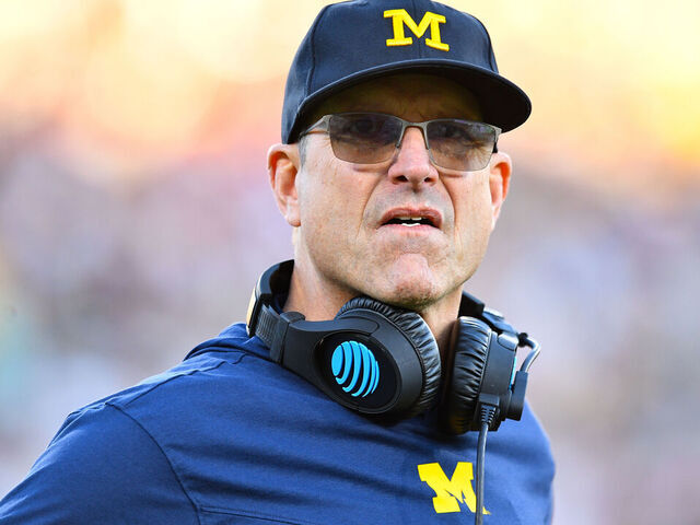 PASADENA, CA - JANUARY 01: Head Coach Jim Harbaugh of the Michigan Wolverines looks on during the Alabama Crimson Tide game versus the Michigan Wolverines CFP Semifinal at the Rose Bowl Game on January, 1, 2024, at the Rose Bowl Stadium in Pasadena, CA.