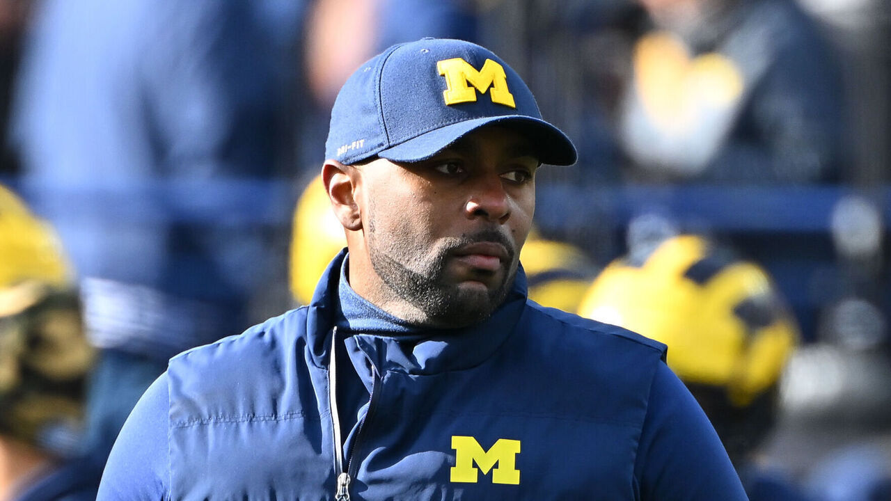 ANN ARBOR, MI - NOVEMBER 25: Michigan Wolverines acting head coach Sherrone Moore watches warmups prior to the Michigan Wolverines versus the Ohio State Buckeyes on Saturday November 25, 2023 at Michigan Stadium in Ann Arbor, MI.