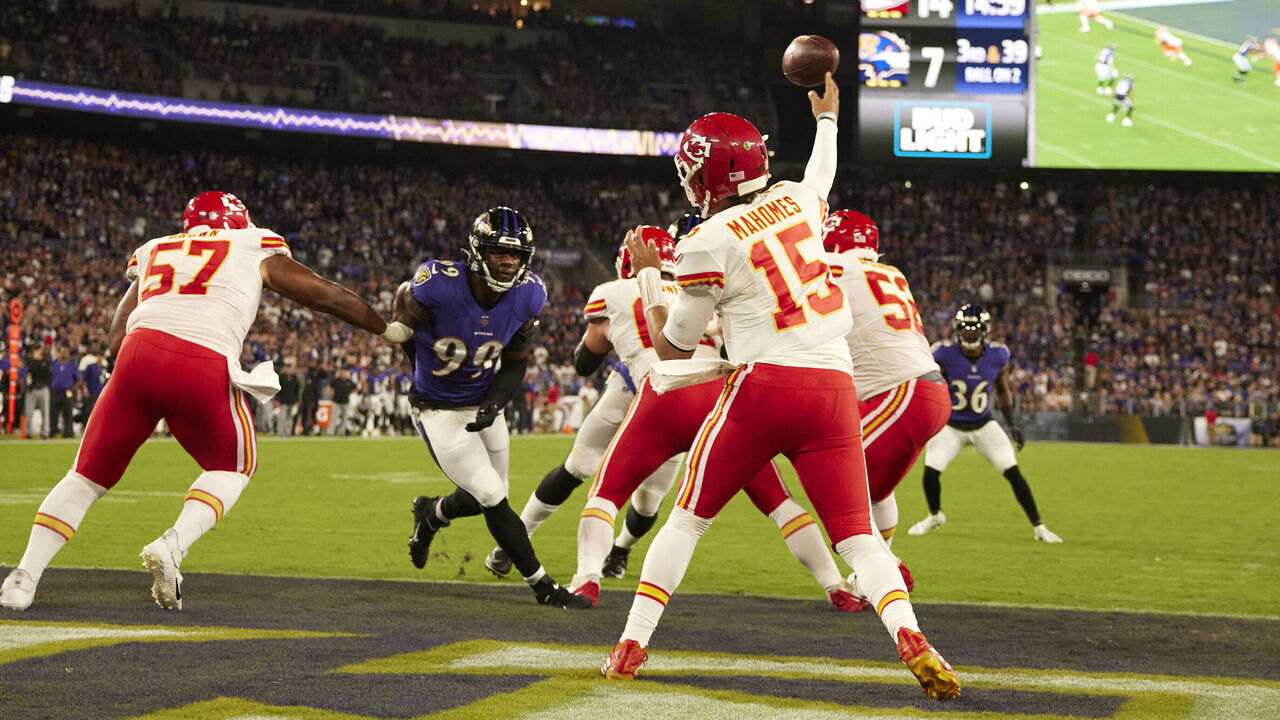 Football: Rear view of Kansas City Chiefs QB Patrick Mahomes (15) in action, passing vs Baltimore Ravens at M&T Bank Stadium. Baltimore, MD 9/19/2021 CREDIT: Simon Bruty