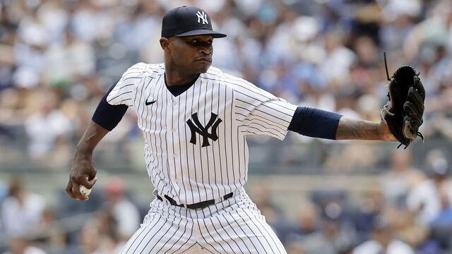 NEW YORK, NEW YORK - JULY 09: Domingo German #0 of the New York Yankees pitches during the first inning against the Chicago Cubs at Yankee Stadium on July 9, 2023 in the Bronx borough of New York City.