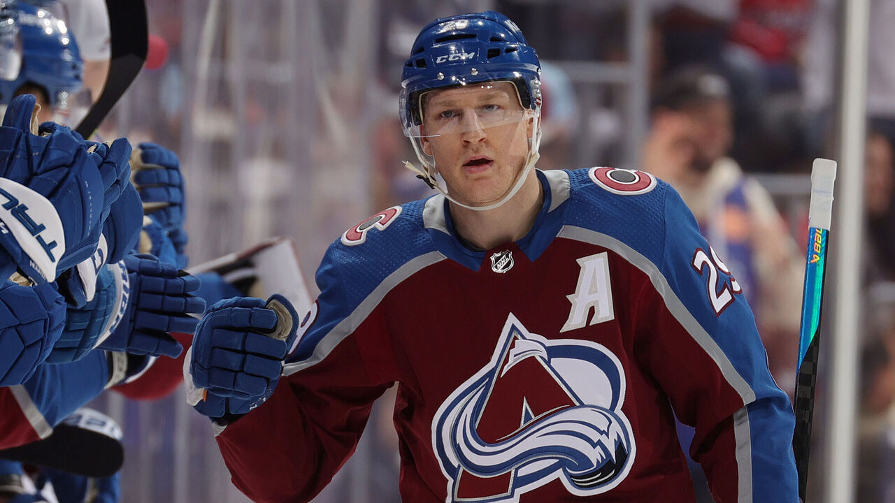DENVER, COLORADO - JANUARY 24: Nathan MacKinnon #29 of the Colorado Avalanche celebrates a goal against the Washington Capitals at Ball Arena on January 24, 2024 in Denver, Colorado.