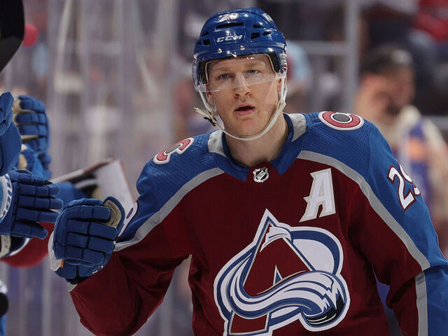 DENVER, COLORADO - JANUARY 24: Nathan MacKinnon #29 of the Colorado Avalanche celebrates a goal against the Washington Capitals at Ball Arena on January 24, 2024 in Denver, Colorado.