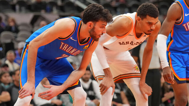 SAN ANTONIO, TX - JANUARY 24: Chet Holmgren #7 of the Oklahoma City Thunder and Victor Wembanyama #1 of the San Antonio Spurs look on during the game on January 24, 2023 at the Frost Bank Center in San Antonio, Texas. Mandatory Copyright Notice: Copyright 2024 NBAE (Photos by Jesse D. Garrabrant/NBAE via Getty Images)