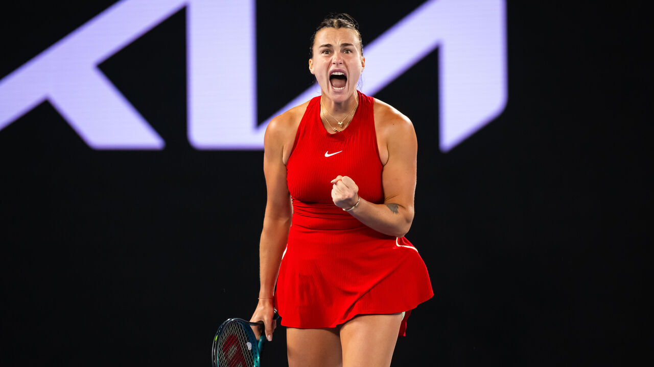 MELBOURNE, AUSTRALIA - JANUARY 25: Aryna Sabalenka in action against Coco Gauff of the United States in the semi-final on Day 12 of the 2024 Australian Open at Melbourne Park on January 25, 2024 in Melbourne, Australia
