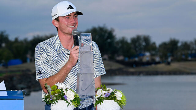 LA QUINTA, CA - JANUARY 21: Nick Dunlap (a) (USA) speaks during the trophy presenation after winning The American Express tournament at PGA West, Dye Stadium Course on January 21, 2024 in La Quinta, California.